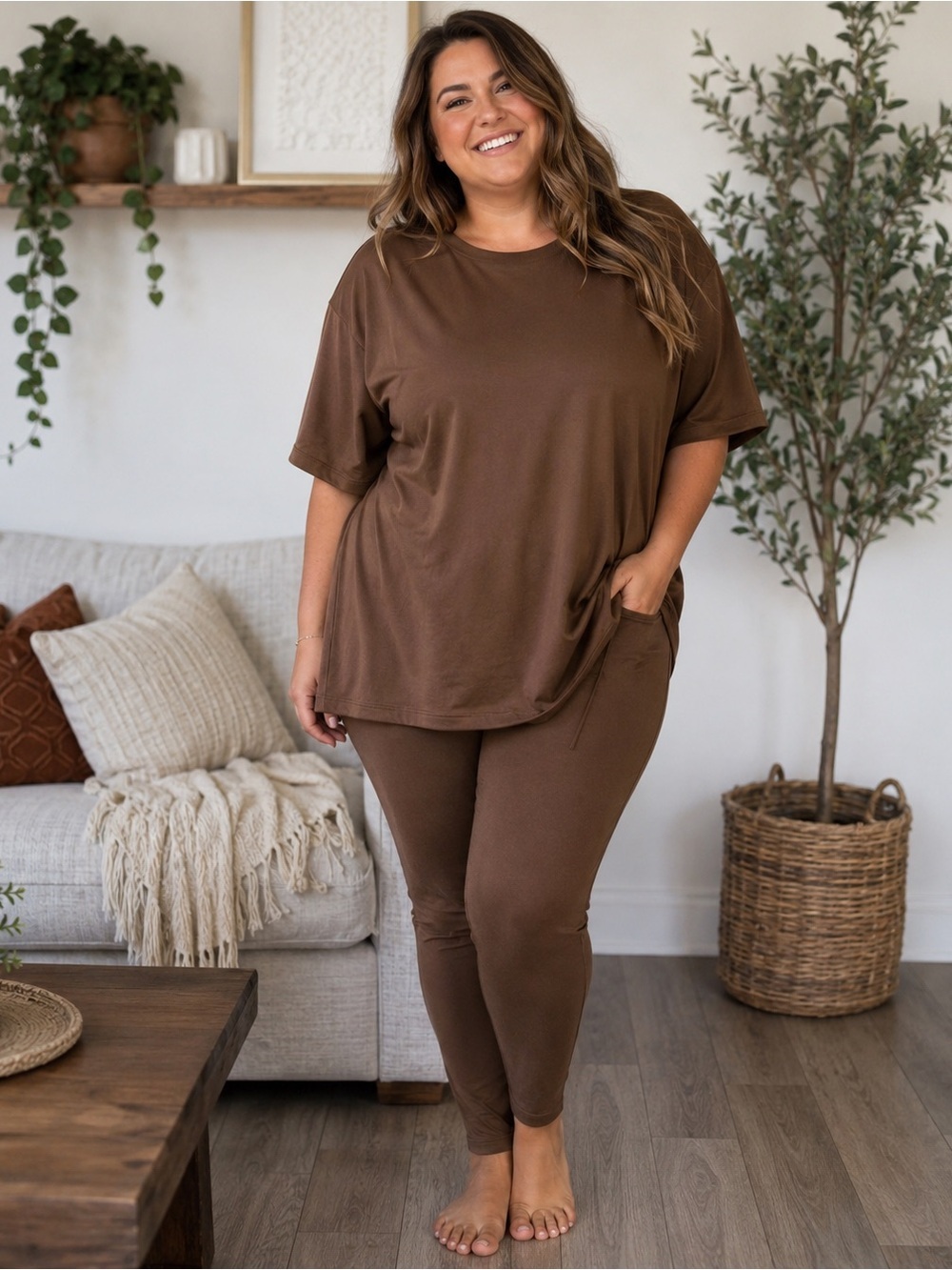Zenana XL Brown Matching Lounge Set Oversized Tee Leggings NWOT